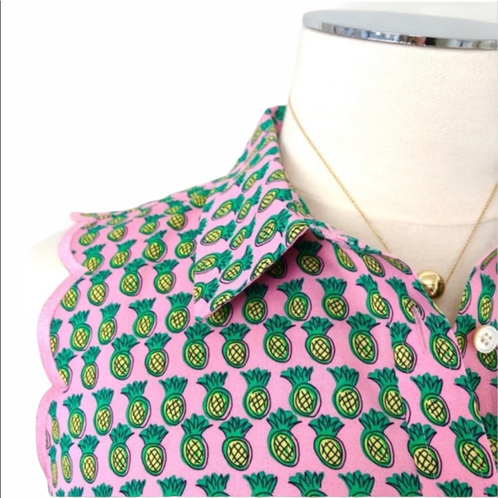 New TALBOTS Scalloped Trim Pineapple Sleeveless Button Blouse Pink Green Sz 8P